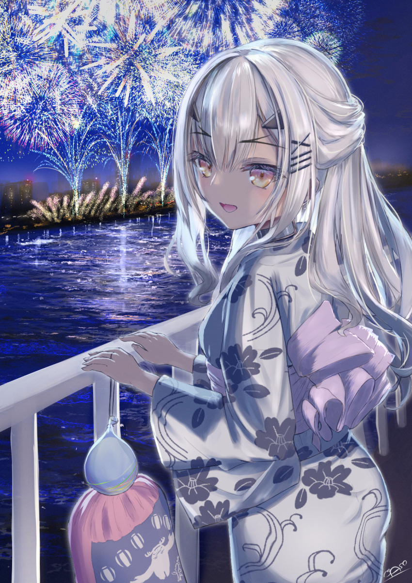 1girl asobeco breasts fate/grand_order fate_(series) fireworks forked_eyebrows hair_ornament hairclip highres japanese_clothes kimono long_hair long_sleeves looking_at_viewer looking_back melusine_(fate) night night_sky open_mouth sidelocks sky small_breasts smile solo white_hair white_kimono wide_sleeves yellow_eyes