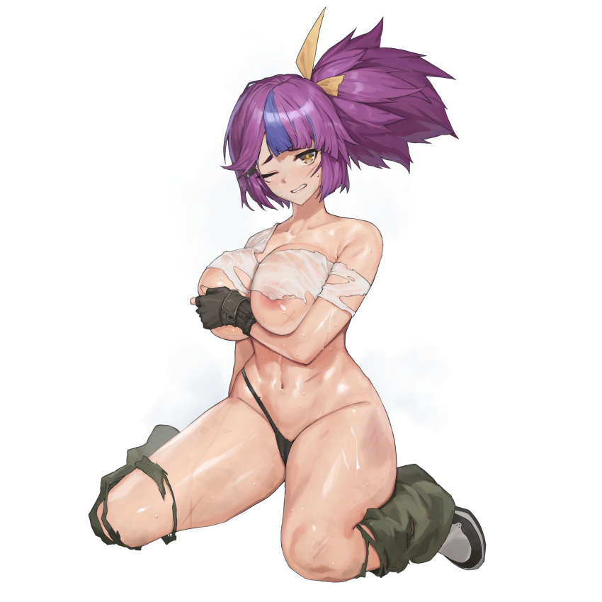1girl abs areola_slip black_footwear black_gloves black_panties blue_hair breasts bulgasari_(last_origin) cameltoe cleavage clenched_teeth collarbone covered_nipples covering covering_breasts cropped_shirt defeat fingerless_gloves game_cg gloves green_pants hair_ornament hair_ribbon hairclip highleg highleg_panties highres injury large_breasts last_origin linea_alba looking_at_viewer micro_panties multicolored_hair muscular muscular_female navel no_bra official_alternate_costume official_art one_eye_closed open_mouth panties pants purple_hair ribbon see-through see-through_shirt shirt shoes simple_background sitting sneakers solo streaked_hair string_panties sweat tachi-e teeth topknot torn_clothes torn_hair_ribbon torn_panties torn_pants torn_ribbon torn_shirt transparent_background tunamayo_(dsasd751) two-tone_hair underwear wariza white_footwear white_shirt yellow_eyes yellow_ribbon
