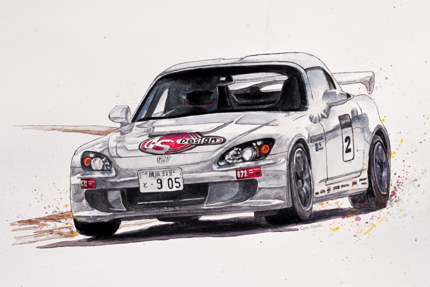 1other ambiguous_gender artist_name car driving helmet highres honda honda_s2000 itsuki_gen license_plate motor_vehicle original painting_(medium) race_vehicle racecar racetrack shadow spoiler_(automobile) traditional_media vehicle_focus