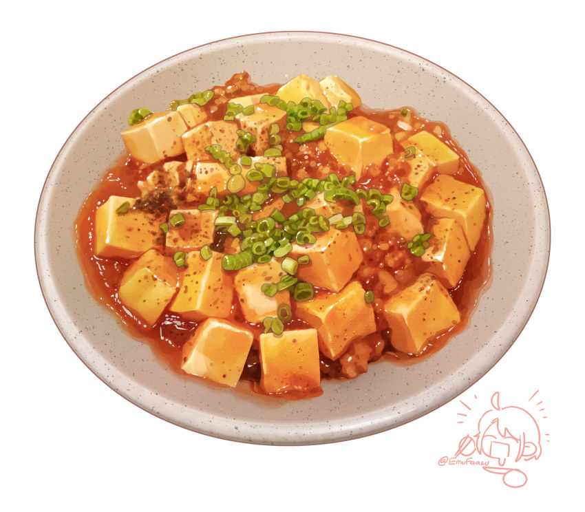 baoko bowl commentary food food_focus highres mapo_tofu no_humans original realistic sauce signature simple_background spring_onion still_life tofu white_background