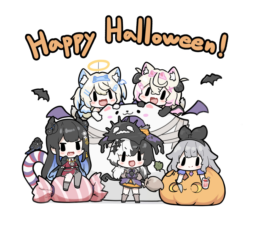 5girls animal_ears black_hair blonde_hair blue_hair chibi colored_inner_hair demon_horns dog_ears dog_girl dog_tail fang fuwawa_abyssgard grey_hair halloween happy_halloween hat highres holoadvent hololive hololive_english horns koseki_bijou looking_at_viewer mococo_abyssgard multicolored_hair multiple_girls nerissa_ravencroft open_mouth pebble_(koseki_bijou) perroccino_(fuwamoco) pink_hair pumpkin shadow_(nerissa_ravencroft) shiori_novella siblings sisters skin_fang snowmya split-color_hair streaked_hair tail twins virtual_youtuber white_hair witch witch_hat yorick_(shiori_novella)