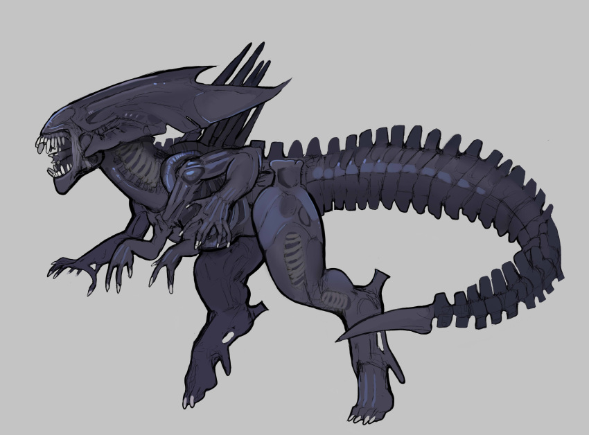 absurd_res alien alien_(franchise) biped black_body carvarior claws curvy_figure digital_media_(artwork) digitigrade eyeless female feral hi_res multi_limb open_mouth simple_background solo tail teeth thick_thighs wide_hips xenomorph xenomorph_queen