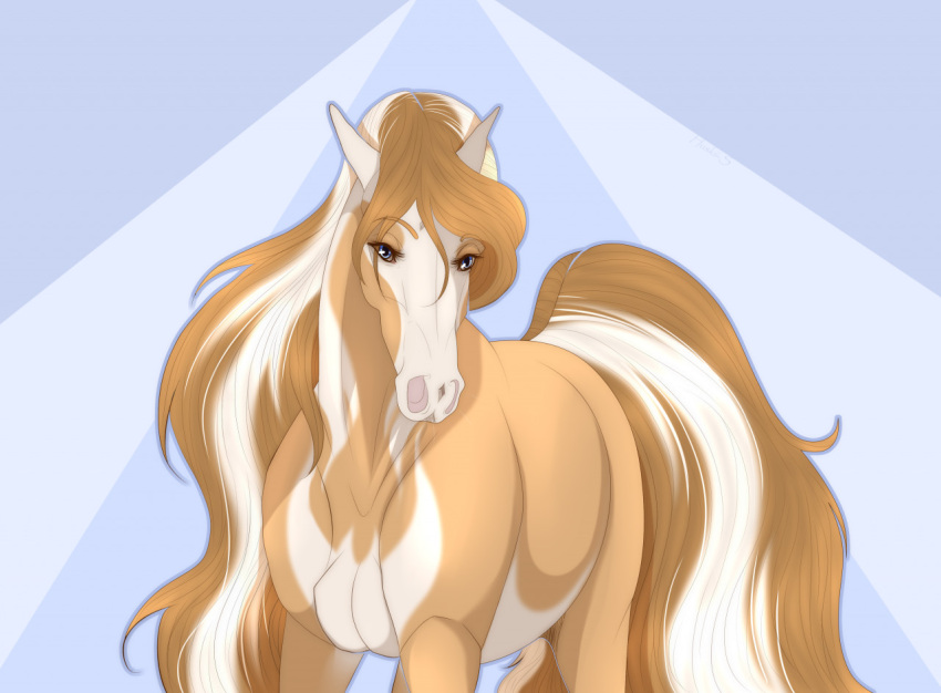 abstract_background ambiguous_gender blue_eyes brown_mane brown_tail equid equine eyelashes feral fur glistening glistening_eyes horse huskii-s mammal mane orange_body orange_fur solo tail white_body white_mane white_tail