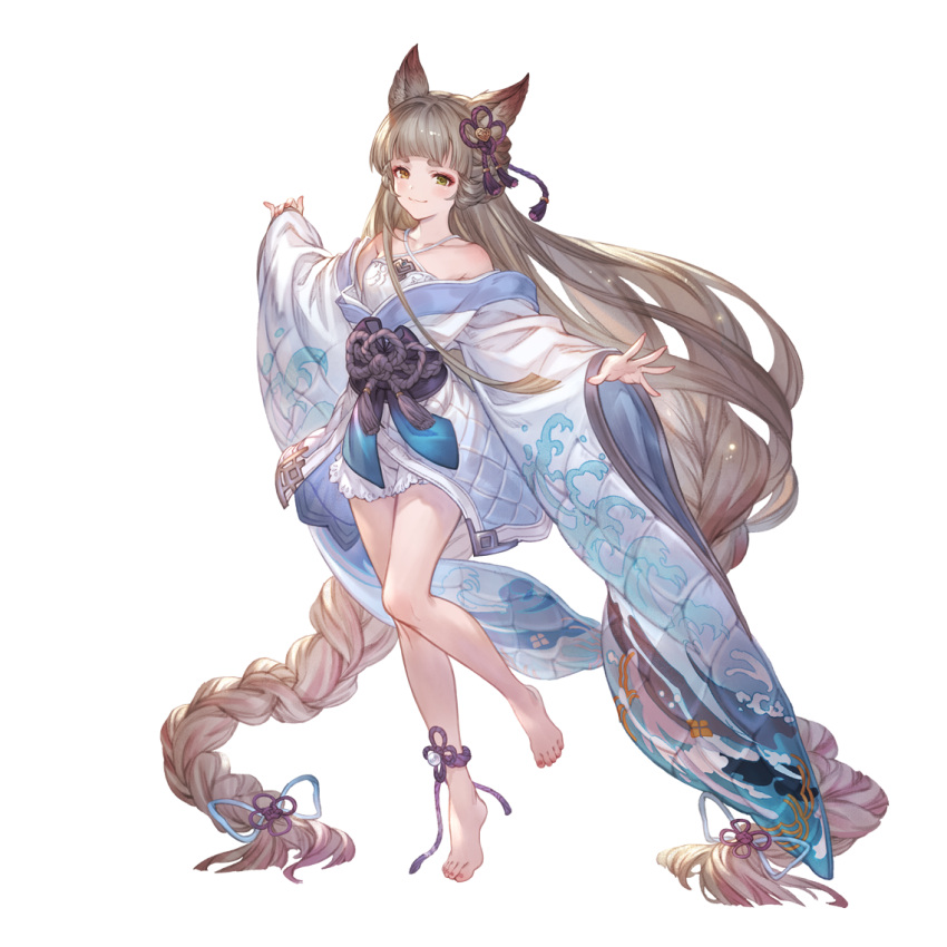 1girl absurdly_long_hair alpha_transparency animal_ears bare_shoulders barefoot blunt_bangs blush braid breasts brown_eyes closed_mouth collarbone erune feet full_body granblue_fantasy green_eyes hair_ornament heterochromia japanese_clothes kimono legs long_hair long_sleeves looking_at_viewer minaba_hideo official_art pholia pholia_(yukata) short_eyebrows small_breasts smile thick_eyebrows toenails toes transparent_background very_long_hair white_kimono wide_sleeves yukata