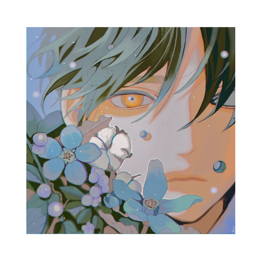 1boy bishounen black_hair blue_background blue_flower border cognacbear flower food fruit highres male_focus orange_eyes original portrait short_hair solo white_border white_flower