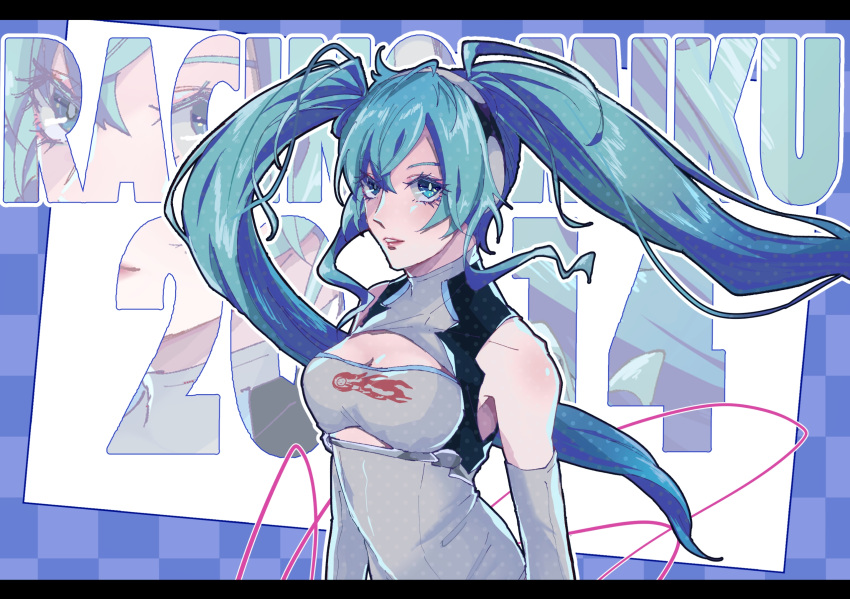 1girl 2014 blue_eyes breasts character_name cleavage dress elbow_gloves floating_hair gloves goodsmile_racing hatsune_miku headphones highres letterboxed logo looking_at_viewer medium_breasts mugi_(marineblue134) parted_lips pink_lips racing_miku racing_miku_(2014) sidelocks signature sleeveless sleeveless_dress solo twintails vocaloid white_dress white_gloves