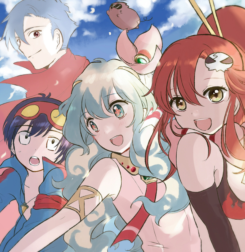 +_+ 2boys 2girls armlet bare_shoulders bikini bikini_top_only black_hair blonde_hair blue_jacket blue_sky boota_(ttgl) cape dress flower goggles goggles_on_head hair_flower hair_ornament highres jacket jewelry kamina_(ttgl) long_hair looking_at_viewer mole_(animal) multiple_boys multiple_girls necklace necktie nia_teppelin open_clothes open_jacket open_mouth pink_dress ponytail red_cape red_hair sagaku_denpyou scarf short_hair simon_(ttgl) skull_hair_ornament sky sleeveless sleeveless_dress smile swimsuit symbol-shaped_pupils teeth tengen_toppa_gurren_lagann upper_body upper_teeth_only yoko_littner