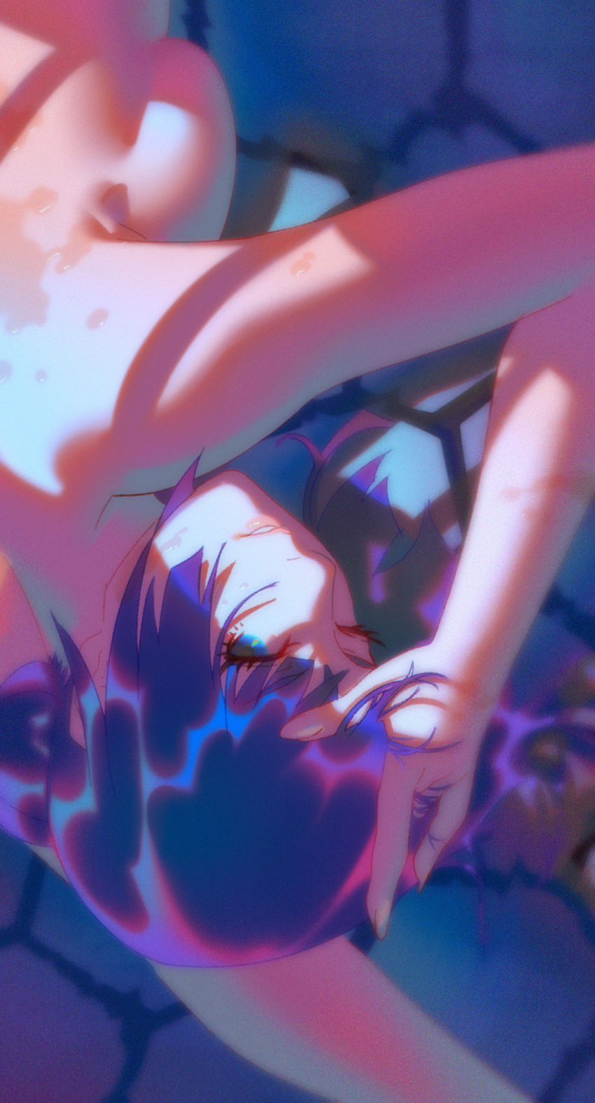 1girl arms_up bakemonogatari bare_shoulders blue_eyes breasts commentary_request fingernails from_above hair_spread_out hand_in_own_hair highres lips looking_at_viewer looking_up lying medium_hair monogatari_(series) nude on_stomach one_eye_closed out_of_frame parted_lips purple_hair rapa_rachi senjougahara_hitagi solo