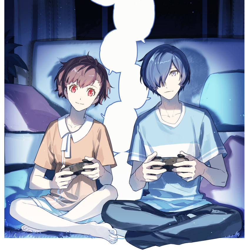 1boy 1girl absurdres barefoot black_pants blank_speech_bubble blue_hair border brown_hair controller couch crossed_legs curtains cushion game_controller grey_eyes hair_over_one_eye highres holding holding_controller holding_game_controller indoors interior light_particles looking_at_viewer night night_sky on_floor pants persona persona_3 playing_games ponytail red_eyes shadow shiomi_kotone shirt short_hair shorts sitting sky smile speech_bubble t-shirt tsubsa_syaoin white_border yuuki_makoto