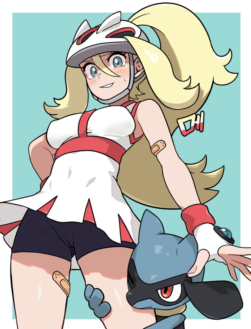 1girl bandaid bandaid_on_leg bike_shorts blonde_hair blue_eyes border cowboy_shot fingerless_gloves gloves helmet highres hugging_another's_leg korrina_(pokemon) looking_at_viewer me_(thesad0818) one_eye_closed outside_border pokemon pokemon_(creature) pokemon_(game) pokemon_xy ponytail red_eyes riolu signature sweat white_border