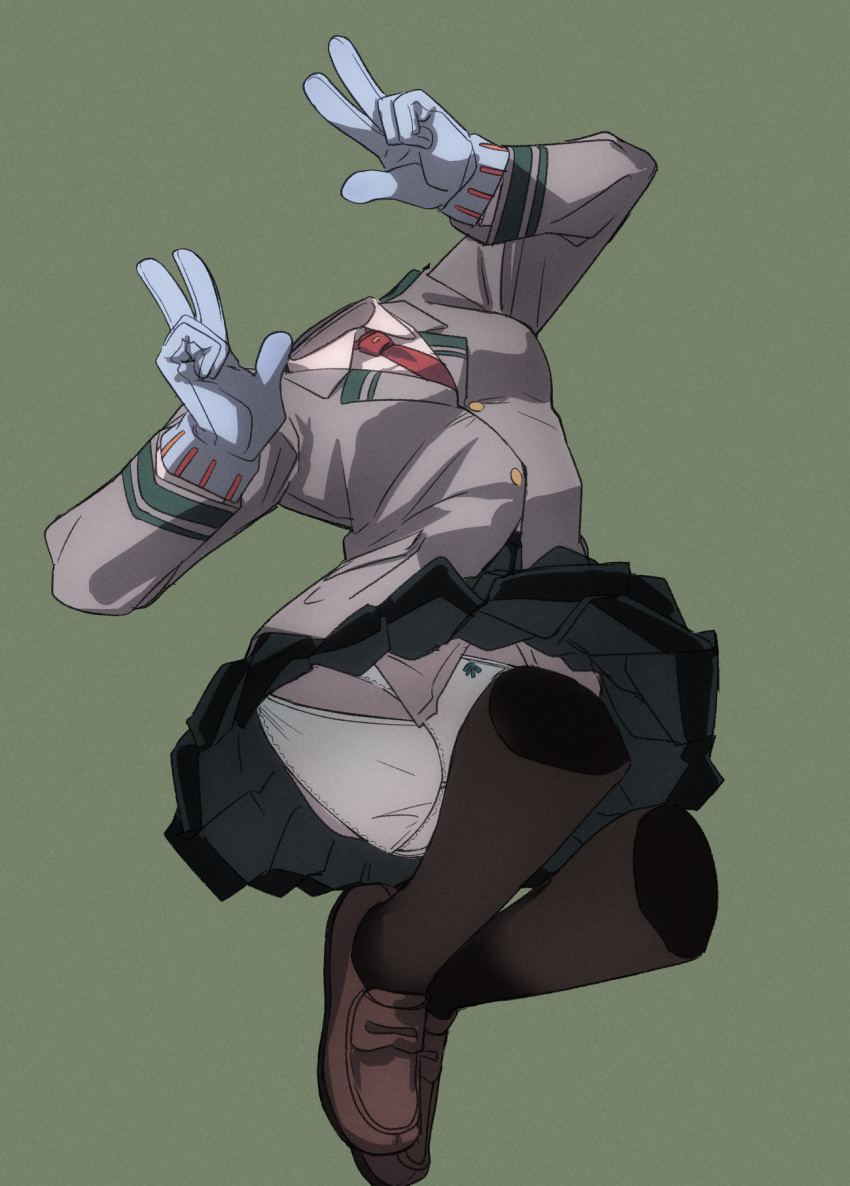 1girl black_skirt black_socks blue_glovs boku_no_hero_academia brown_footwear double_v fu-ta green_background hagakure_tooru highres invisible loafers necktie panties red_necktie school_uniform shoes simple_background skirt socks solo underwear v white_panties