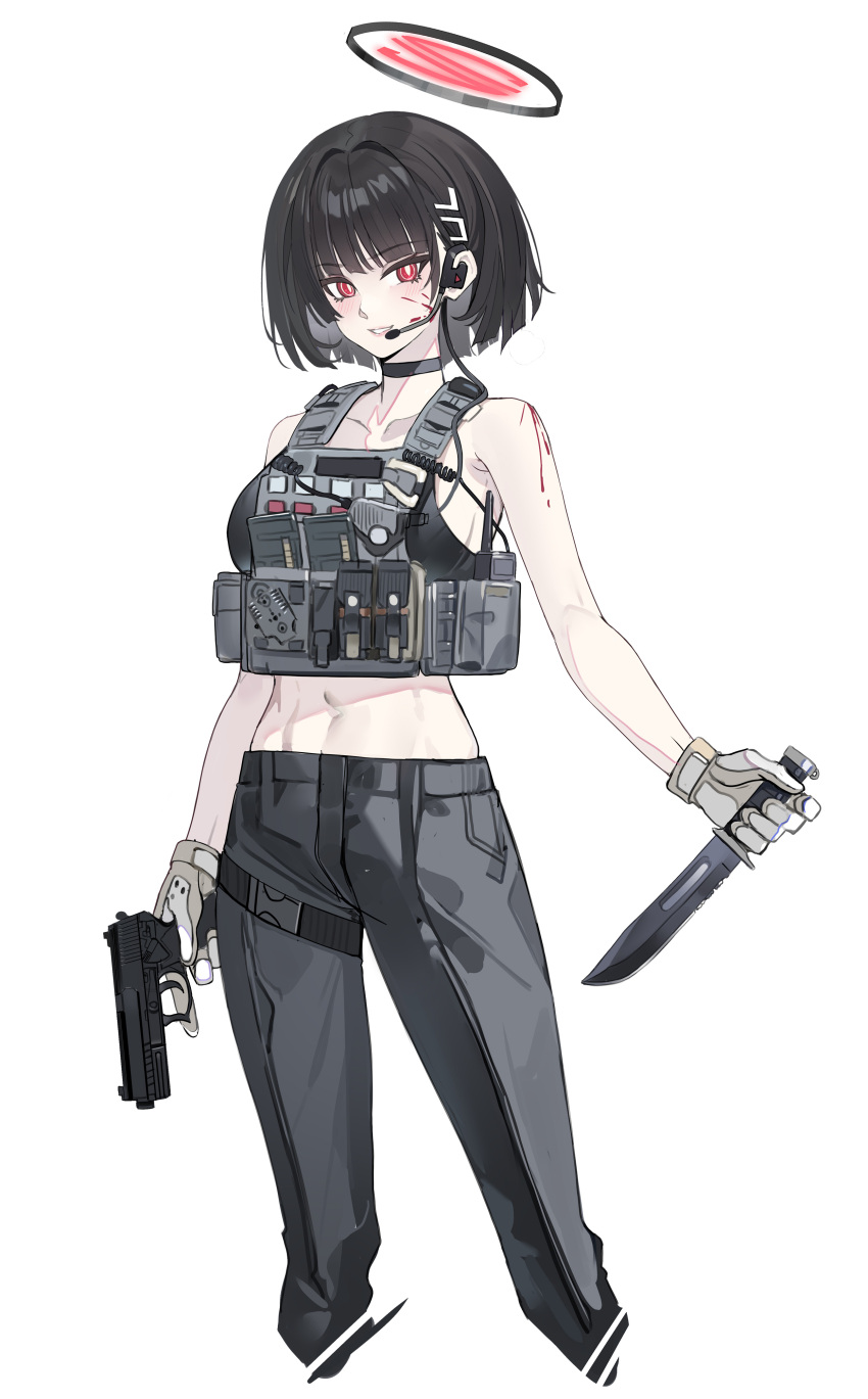 1girl absurdres alternate_hair_length alternate_hairstyle ammunition_pouch bare_shoulders black_choker black_hair black_pants blood blood_on_face blue_archive blunt_bangs blush brown_gloves choker collarbone crop_top cropped_legs earpiece echj gloves gun hair_ornament hairclip halo handgun highres holding holding_gun holding_knife holding_weapon knife looking_at_viewer midriff navel pants pouch red_eyes rio_(blue_archive) shadow short_hair simple_background smile solo tactical_clothes trigger_discipline walkie-talkie weapon white_background