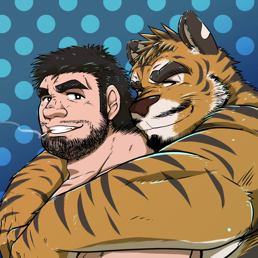 2boys bara beard_stubble blue_background chinstrap_beard couple from_side furry furry_with_non-furry ganson grin highres hug hug_from_behind huge_eyebrows interspecies long_sideburns looking_at_viewer male_focus mature_male multiple_boys muscular muscular_male mustache_stubble nude original short_hair sideburns smile smoking thick_eyebrows tiger_boy turning_head two-tone_beard upper_body yaoi