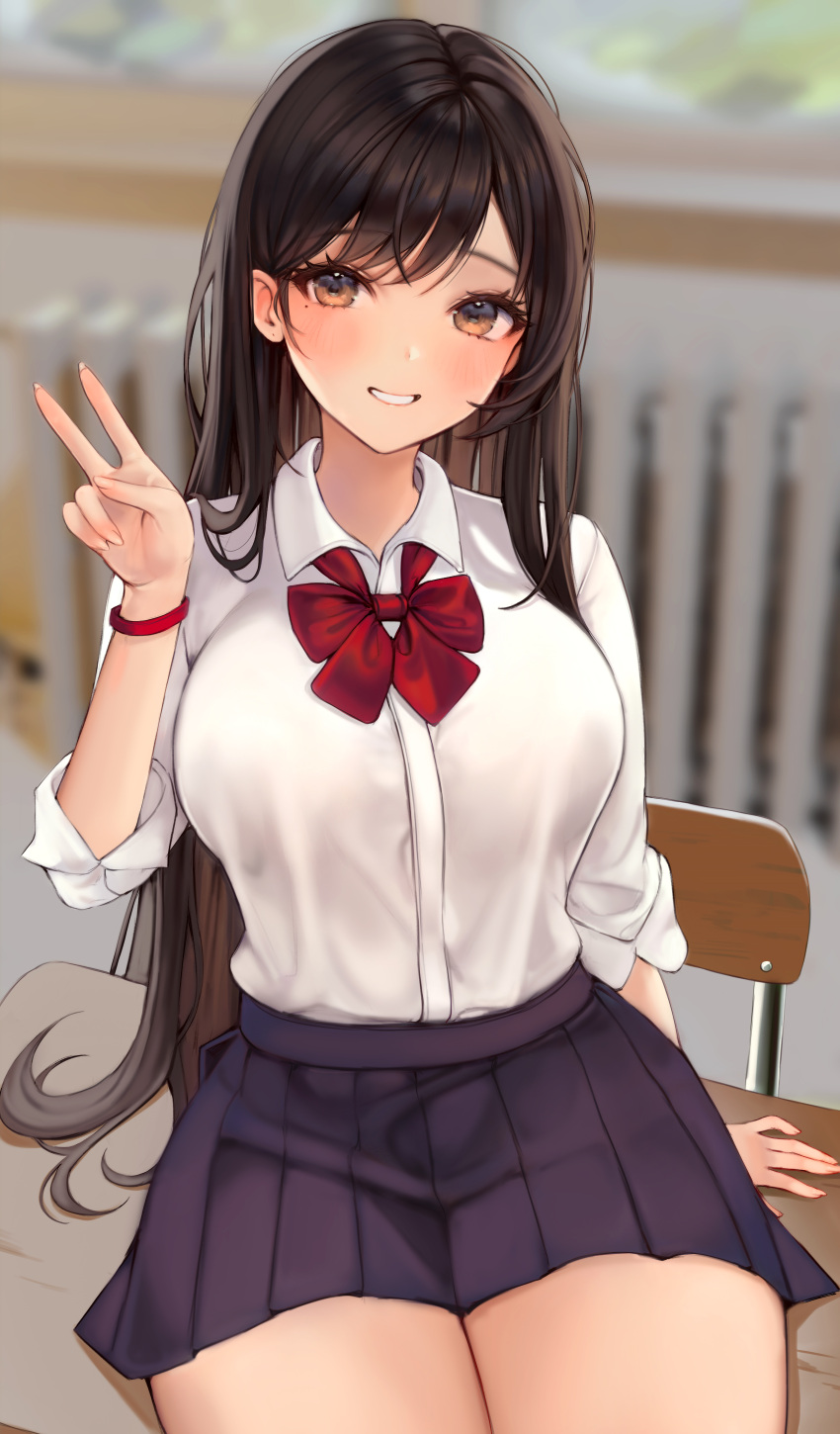 1girl absurdres black_hair blush bow bowtie breasts brown_eyes collared_shirt commentary desk eyelashes hand_up highres indoors large_breasts long_hair mole mole_under_eye on_desk original pleated_skirt raeun_46 red_bow red_bowtie school_uniform shirt sitting sitting_on_desk skirt sleeves_rolled_up smile solo symbol-only_commentary thick_thighs thighs v white_shirt