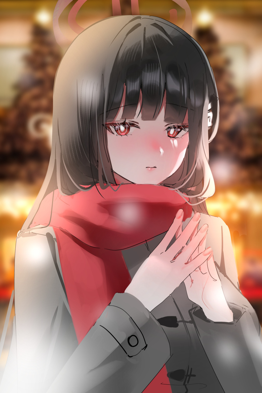 1girl absurdres alternate_costume black_hair blue_archive blurry blurry_background blush bright_pupils closed_mouth coat educk grey_coat hair_ornament hairpin halo highres korean_commentary long_hair long_sleeves looking_at_viewer mixed-language_commentary red_eyes red_scarf rio_(blue_archive) scarf sketch solo white_pupils