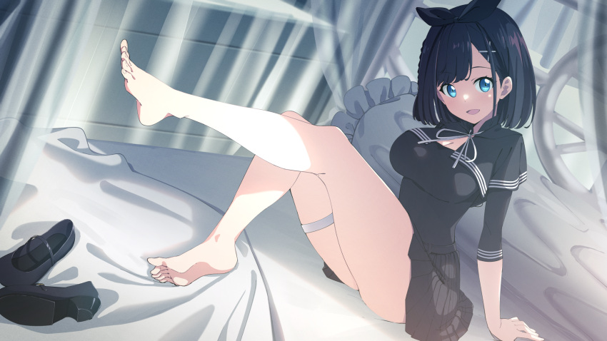 1girl :d aika_(amatsuji) arm_support bare_legs barefoot black_bow black_capelet black_footwear black_hair black_shirt black_skirt blue_eyes boots boots_removed borrowed_character bow braid breasts capelet cleavage cleavage_cutout clothing_cutout commentary commission dutch_angle eyelashes feet full_body hair_bow hair_ornament head_tilt highres impossible_clothes indoors large_breasts legs long_sleeves looking_at_viewer mary_janes medium_hair miniskirt on_bed open_mouth original pleated_skirt ribbon schatten shirt shoes side_braid sitting skeb_commission skirt smile soles solo straight_hair swept_bangs thigh_strap thighs toes white_ribbon x_hair_ornament