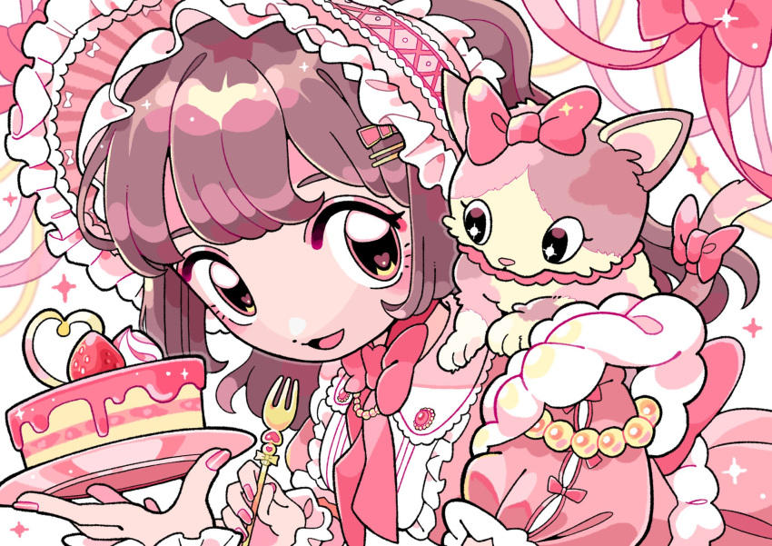 1girl animal_on_shoulder brown_hair cake cat cat_on_shoulder collar collared_dress cream dress food fork frilled_collar frilled_cuffs frilled_dress frilled_headwear frills fruit hair_ornament hairband hairclip highres holding holding_fork holding_plate lolita_fashion lolita_hairband looking_at_animal mika_no_nijika multicolored_eyes neck_ribbon open_mouth original pink_dress pink_headwear pink_nails pink_ribbon plate puffy_short_sleeves puffy_sleeves ribbon short_sleeves sidelocks smile solo sparkle strawberry tail tail_ornament tail_ribbon white_background white_collar wrist_cuffs yellow_ribbon