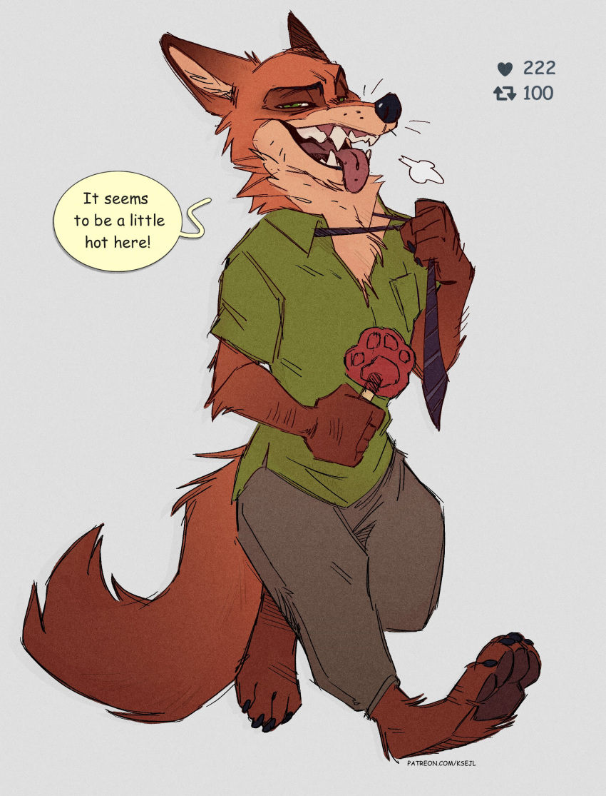 absurd_res anthro canid canine clothing disney english_text food fox hi_res ksejl male mammal necktie nick_wilde pawpsicle popsicle solo strip_meme text tongue tongue_out undressing url zootopia