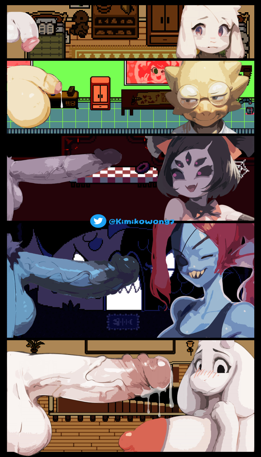 absurd_res alphys anthro asriel_dreemurr big_breasts bodily_fluids breasts chart cum female genital_fluids genitals group hi_res huge_breasts intersex male muffet penis penis_size_difference small_penis toriel undertale undertale_(series) undyne
