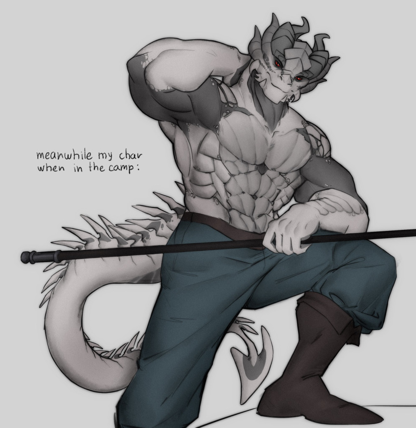abs anthro baldur's_gate boots clothing dragon dragonborn_(dnd) dungeons_and_dragons footwear hasbro hi_res horn male muscular muscular_anthro muscular_male nat_alia77 pecs scales shirtless solo staff white_body white_scales wizards_of_the_coast