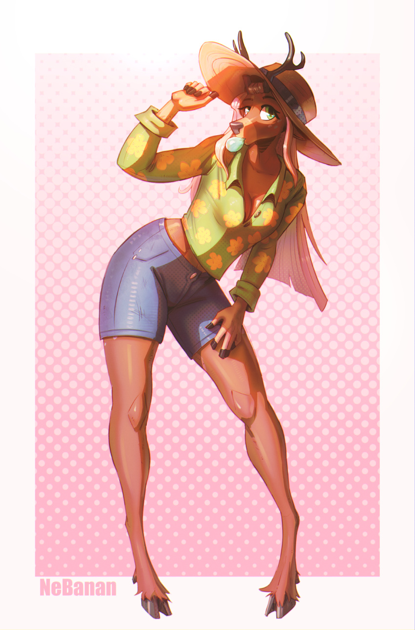 anthro breasts bubble_gum cleavage clothed clothing cloven_hooves deer female furgonomic_headwear hat headgear headwear hi_res hooves horn mammal nebanan simple_background solo