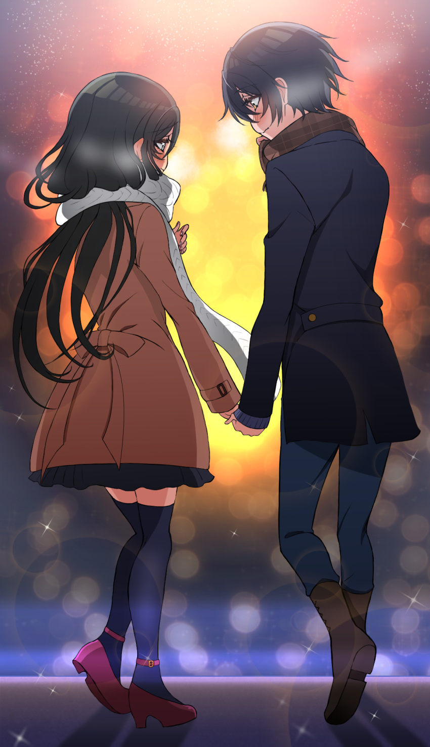 2girls androgynous aoyagi_tsubaki bakkanda black_coat black_hair black_skirt black_thighhighs blue_pants blush boots brown_coat brown_footwear brown_scarf coat d4dj facing_away high_heels highres holding_hands long_hair looking_at_another miyake_aoi multiple_girls pants plaid plaid_scarf red_footwear scarf short_hair skirt thighhighs white_scarf winter_clothes yuri