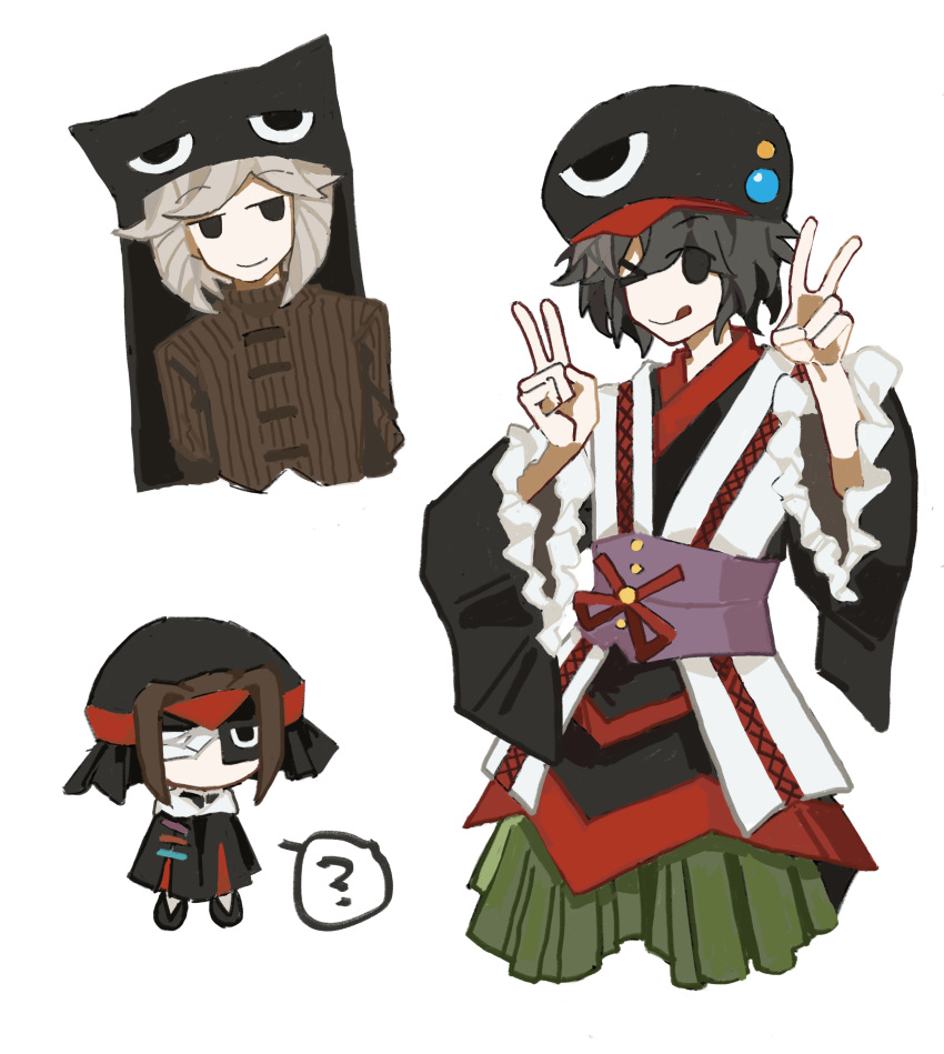&gt;_o 3others aaayamitsu absurdres androgynous animal_hat bandage_over_one_eye black_cloak black_eyes black_hair black_headwear black_kimono black_sleeves book_of_the_cafe brown_hair brown_sweater cat_hat chibi chinese_commentary cloak closed_mouth commentary_request detached_sleeves double_v frilled_sleeves frills green_hakama grey_hair hakama hakama_shorts hat highres japanese_clothes kimono len'en long_sleeves medium_hair multiple_others nilu_(len'en) no_nose one_eye_closed other_focus red_ribbon rei_(len'en) ribbed_sweater ribbon short_hair shorts simple_background sleeveless sleeveless_kimono smile sweater tongue tongue_out v white_background wide_sleeves zelo_(len'en)