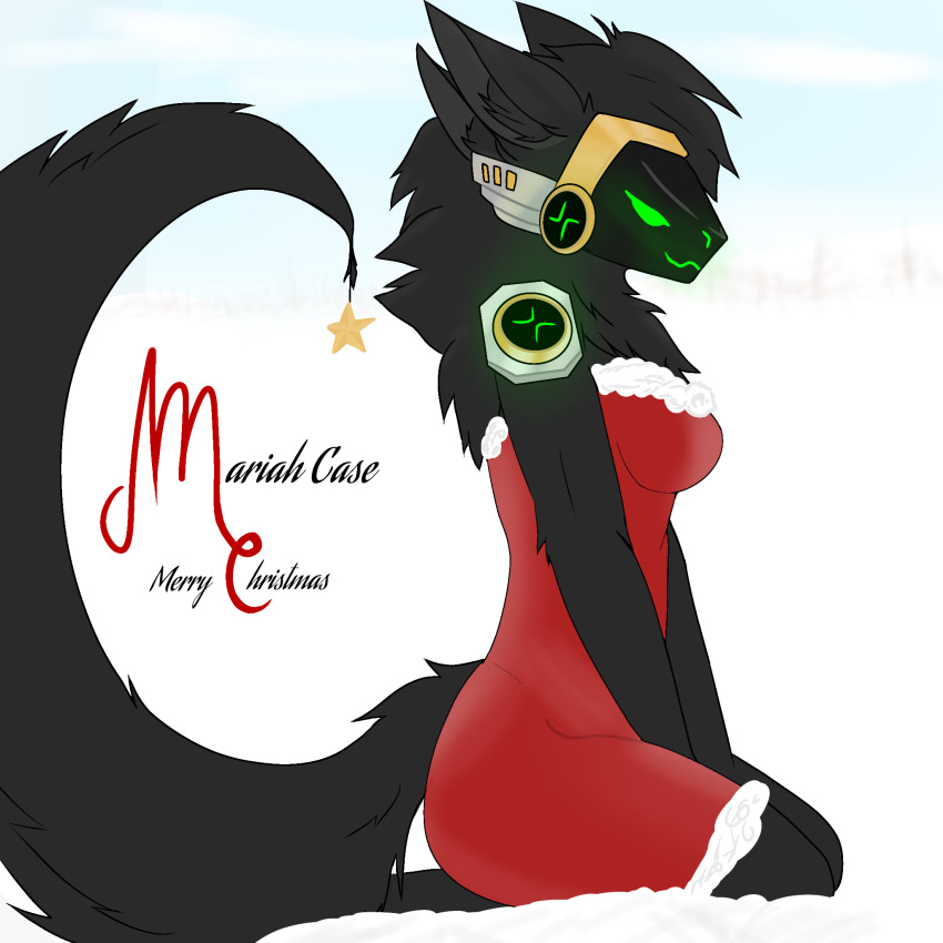 anonymous_artist anthro big_tail black_body case_(fluffymurderrobot) christmas christmas_clothing clothing female gold_(metal) green_face hi_res holidays humor joke kneeling machine mariah_carey protogen red_clothing solo star tail where_is_your_god_now