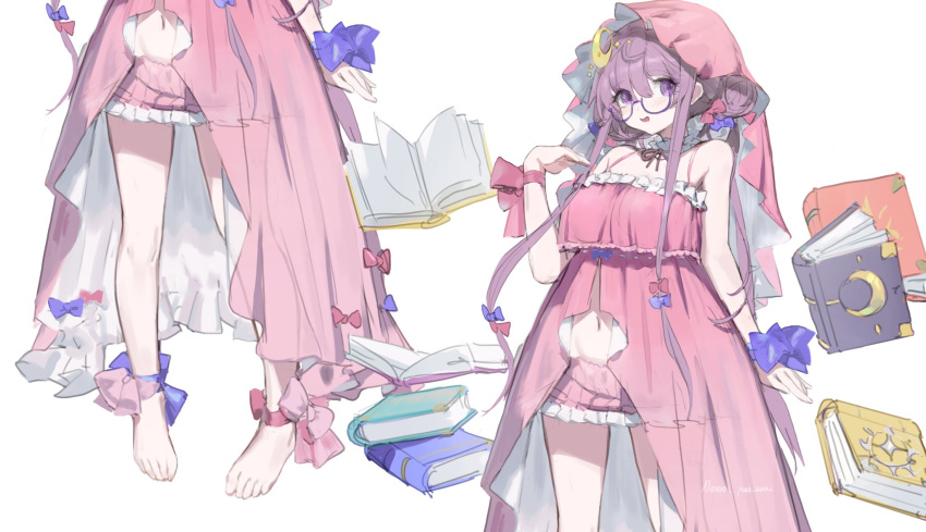 1girl alternate_costume ankle_ribbon bare_shoulders barefoot bloomers blue_ribbon book crescent crescent_hair_ornament glasses hair_ornament highres leg_ribbon looking_at_viewer navel nemo_(leafnight) nightgown patchouli_knowledge pink_bloomers pink_headwear pink_nightgown pink_ribbon purple-framed_eyewear purple_eyes purple_hair ribbon simple_background sketch solo standing touhou underwear veil white_background wrist_ribbon