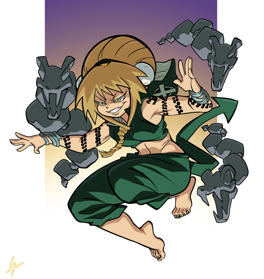 1girl absurdres avatar:_the_last_airbender avatar_legends baggy_pants barefoot black_nails blonde_hair bracelet clenched_teeth commentary cropped_hoodie english_commentary fusion gradient_background green_hoodie green_pants grin hair_bun hands_up highres hood hood_down hoodie jewelry knees_up liefeldian_abomination medusa_gorgon midriff monster navel pants short_hair sidelocks signature simple_background sleeveless sleeveless_hoodie smile snake snake_tattoo solo soul_eater tattoo teeth toes toph_bei_fong white_background yellow_eyes