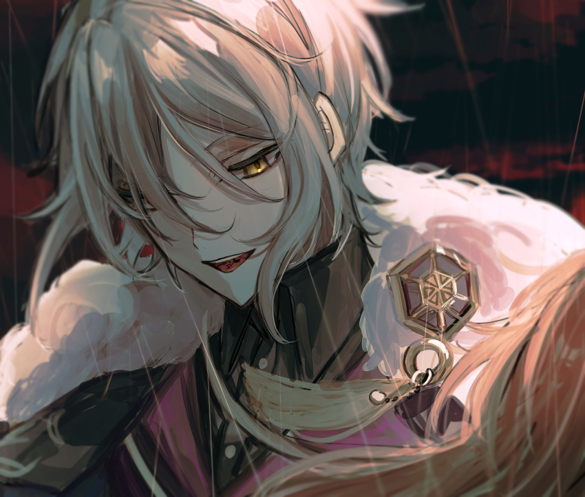 1boy 1girl akira_(female)_(mahoutsukai_no_yakusoku) black_background black_shirt brown_hair cape collared_shirt fur-trimmed_cape fur_trim grey_hair hair_over_one_eye highres long_hair looking_at_another mahoutsukai_no_yakusoku male_focus multicolored_background owen_(mahoutsukai_no_yakusoku) purple_vest red_background shindoi_(yuiyui316) shirt short_hair smile teeth tongue_tattoo vest yellow_eyes