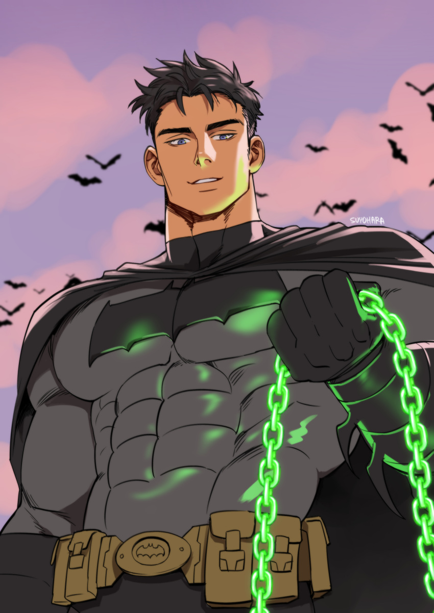 1boy absurdres artist_name bara batman batman_(series) black_cape black_gloves black_hair bodysuit bruce_wayne cape chain cloud covered_abs dc_comics gloves grey_bodysuit highres holding holding_chain large_pectorals male_focus muscular muscular_male outdoors pectorals short_hair sky solo sunset suyohara upper_body