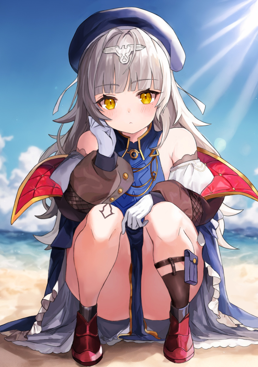 1girl absurdres ahoge arm_garter azur_lane beach beret black_socks blue_dress blue_headwear blue_sky blunt_bangs blush breasts chinese_commentary closed_mouth cloud cloudy_sky convenient_censoring dress expressionless full_body gloves gold_trim grey_hair hair_ornament hand_on_own_cheek hand_on_own_face hat highres jacket light_rays long_hair looking_at_viewer ocean off_shoulder open_clothes open_jacket outdoors pelvic_curtain red_footwear rou_bao_mao-gravity5 shoes single_sock sky small_breasts socks solo squatting sunlight white_gloves yellow_eyes z46_(azur_lane)