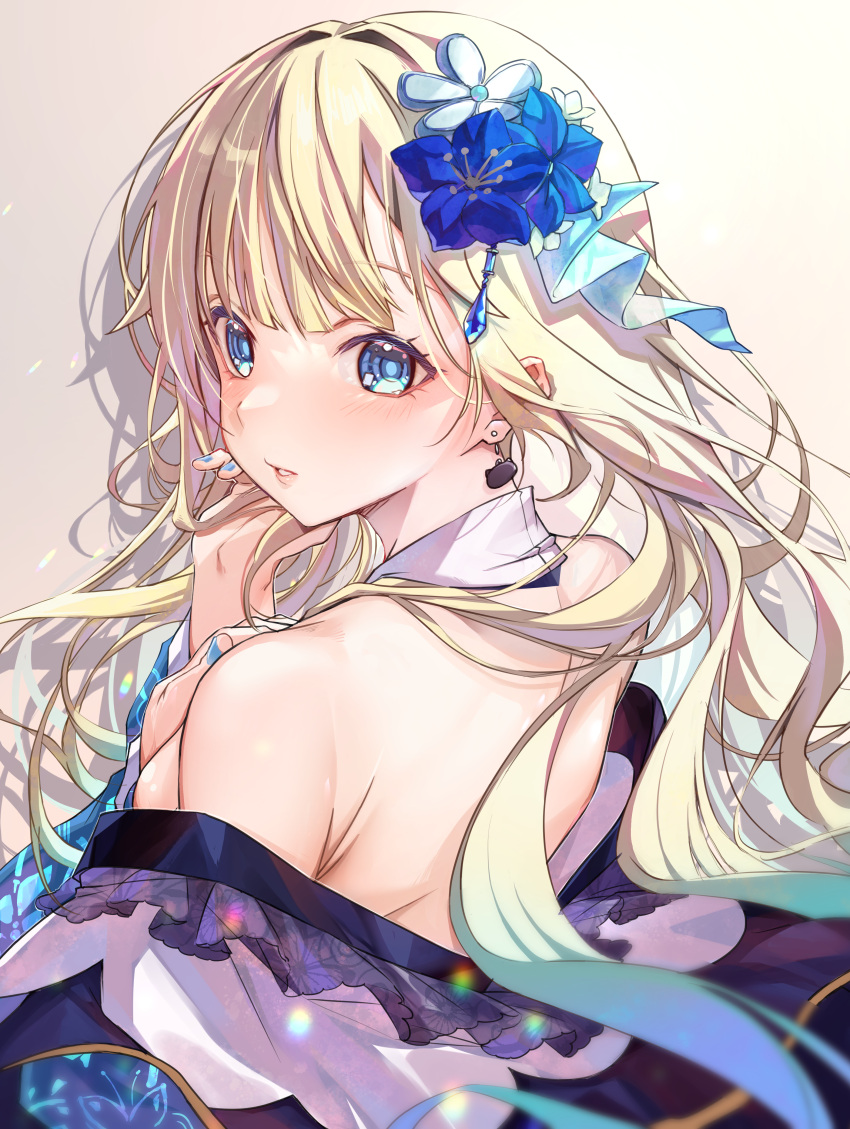 1girl absurdres aizawa_ema armpit_crease back bare_shoulders blonde_hair blue_eyes blue_flower blue_kimono cat_earrings floating_hair flower gradient_background green_hair hair_flower hair_ornament hand_in_own_hair hand_on_own_chest highres japanese_clothes kimono long_hair looking_at_viewer looking_back off_shoulder parted_lips ruo solo virtual_youtuber vspo! white_flower