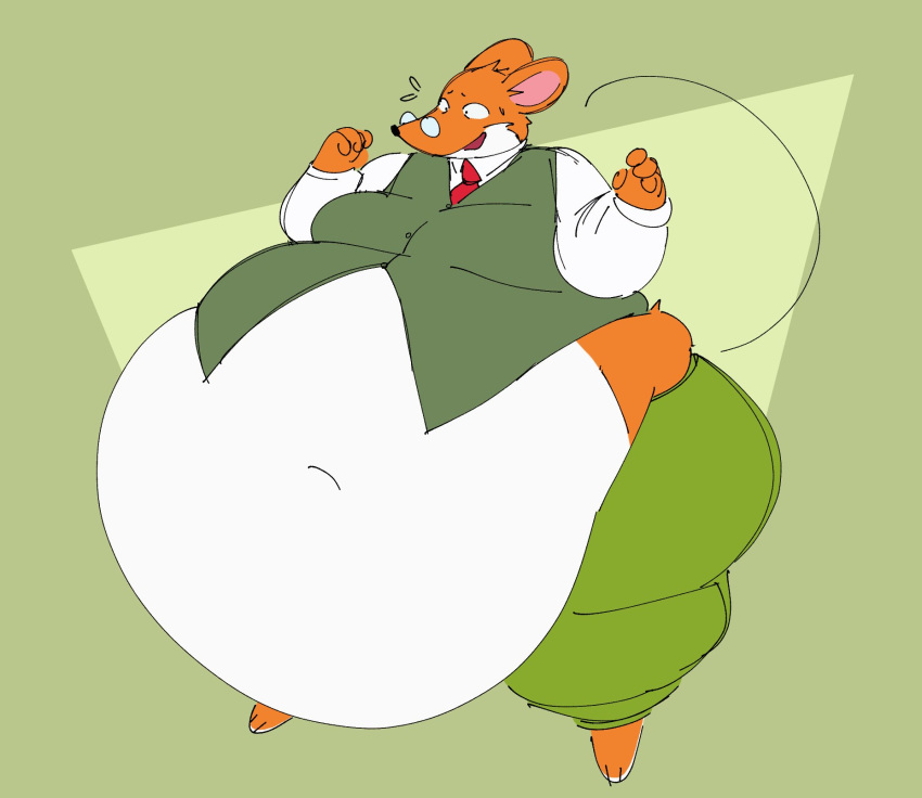 2023 3_toes 4_fingers anthro bottomwear calebcorduroy clothing dress_shirt eyewear feet fingers fur geometric_background geronimo_stilton geronimo_stilton_(series) glasses green_background green_bottomwear green_clothing green_pants green_shirt green_topwear hi_res huge_belly male mammal morbidly_obese mouse murid murine navel necktie obese obese_anthro obese_male open_mouth orange_body orange_fur overweight overweight_anthro overweight_male pants pink_body pink_skin rodent round_ears shirt simple_background solo standing surprise sweatdrop_(iconography) tail toes topwear undershirt white_body white_clothing white_fur white_shirt white_topwear wide_hips