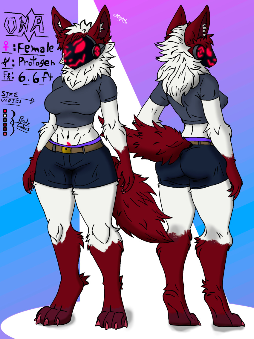 3:4 anthro belt bottomwear claws clothing crop_top female fluffy front_view fur hi_res machine model_sheet multicolored_body multicolored_fur ona(retrohnd) protogen rear_view red_body red_claws red_eyes red_fur retrohnd shirt shorts standing tail topwear two_tone_body two_tone_fur white_body white_fur