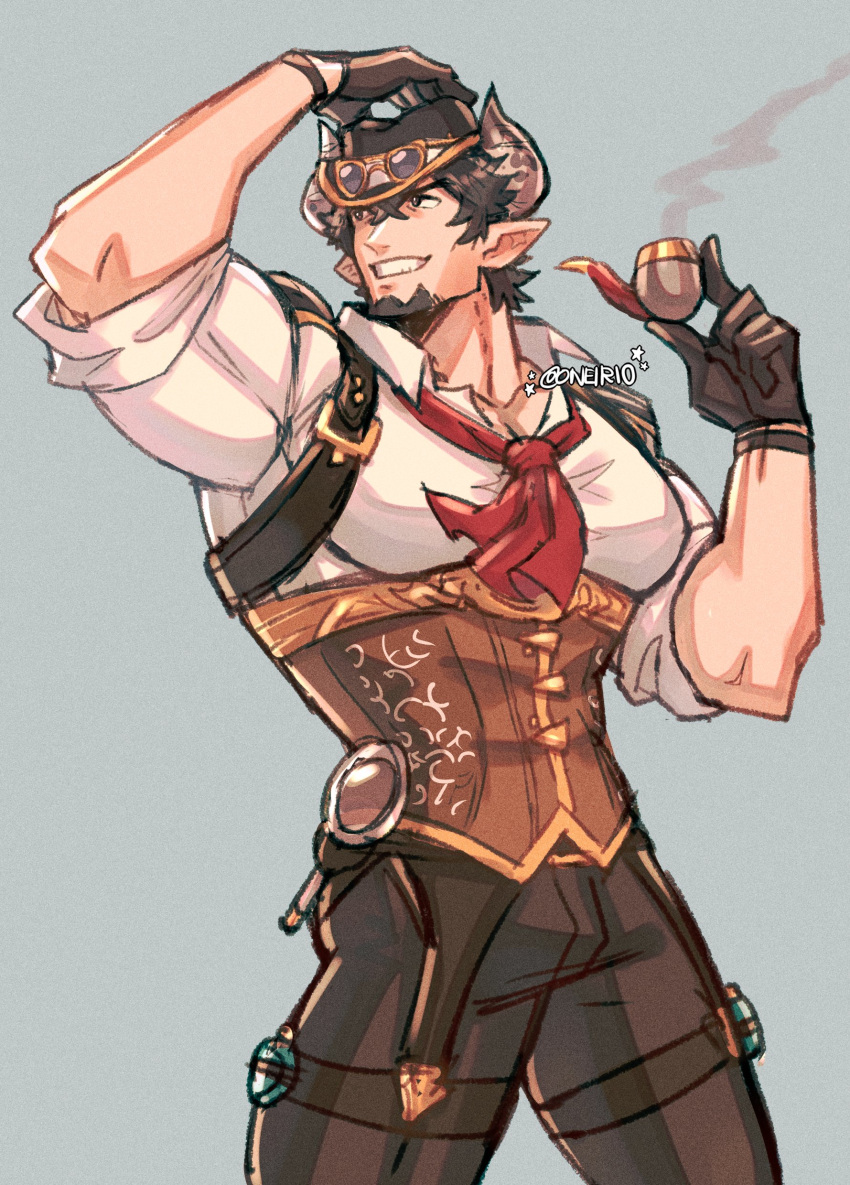 1boy absurdres ascot bara barawa black_hair black_pants cow_boy draph facial_hair goatee granblue_fantasy hat highres holding holding_smoking_pipe large_pectorals male_focus muscular muscular_male oneirio pants pectorals pointy_ears red_ascot shirt short_hair smile smoking_pipe solo teeth white_shirt