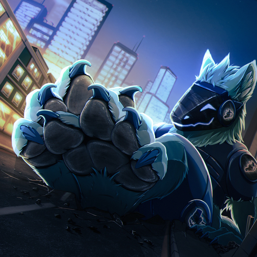 1:1 4_toes anthro barefoot black_pawpads blue_body blue_fur building city cityscape claws feet foot_focus fur hi_res lasket machine macro male night pawpads paws protogen raketh sitting soles solo toes