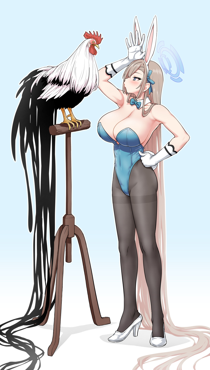 1girl absurdly_long_hair absurdres animal animal_ears asuna_(blue_archive) asuna_(bunny)_(blue_archive) bird black_pantyhose blue_archive blue_eyes blue_halo blue_leotard blue_ribbon bow bowtie breasts chicken cleavage commentary_request detached_collar fake_animal_ears fake_tail full_body gloves halo highres itou_yuuji large_breasts leotard light_brown_hair long_hair looking_at_animal official_alternate_costume pantyhose playboy_bunny rabbit_ears rabbit_tail ribbon rooster shoes standing tail very_long_hair white_footwear white_gloves