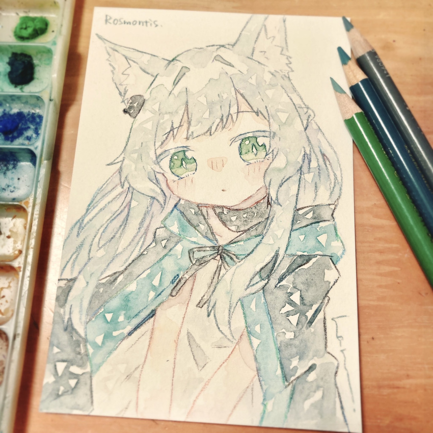 1girl animal_ears arknights art_tools_in_frame black_cloak blush cat_ears cat_girl character_name cloak closed_mouth commentary dress earpiece green_eyes grey_hair haru_(aona1122) highres long_hair looking_at_viewer rosmontis_(arknights) solo traditional_media white_dress