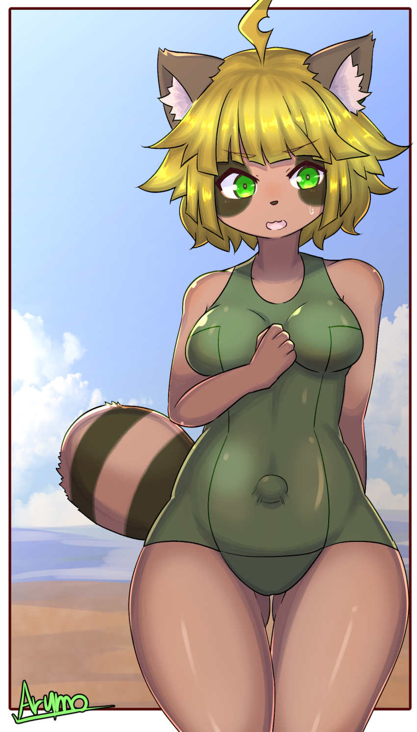 alternate_version_at_source anthro arumo blonde_hair blue_sky bodily_fluids brown_body brown_fur butt_from_the_front canid canine clothing ear_tuft eyebrow_through_hair eyebrows female front_view fur glistening glistening_hair green_clothing green_eyes green_swimwear hair hi_res inner_ear_fluff mammal navel one-piece_swimsuit open_mouth outie outie_navel outside pink_tongue portrait raccoon_dog sky solo sweat sweatdrop swimwear tanuki three-quarter_portrait tongue translucent translucent_hair tuft wide_hips