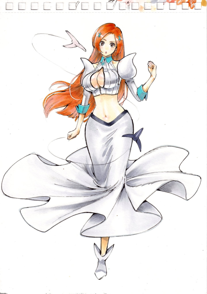 bleach bleach:_the_thousand-year_blood_war breasts brown_eyes full_body hair_ornament hairpin highres inoue_orihime long_sleeves looking_at_viewer midriff navel rodrigo_yoshimiya shirt skirt white_footwear white_shirt white_skirt