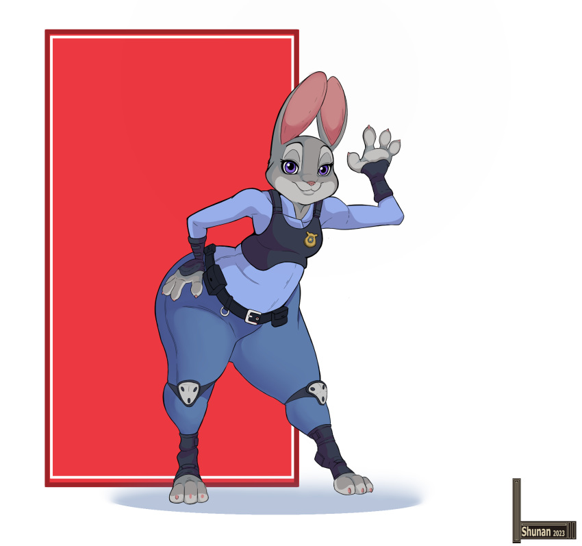 2023 anthro barefoot belt bottomwear clothed clothing disney ears_up feet female fur gesture half-closed_eyes hand_on_hip hi_res judy_hopps knee_pads lagomorph leaning leaning_forward leporid looking_at_viewer mammal mouth_closed nails narrowed_eyes pants police police_officer police_uniform rabbit raised_arm shirt shunan signature smile smiling_at_viewer solo standing toenails topwear uniform vest waving waving_at_viewer zootopia