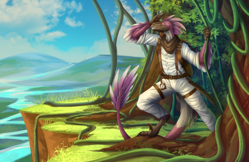 anthro backpack claws clothed clothing cloud compass costume digital_media_(artwork) dinosaur discovery dromaeosaurid feathers forest happy hi_res hiking jungle machete male melee_weapon mountain paws plant reptile river scalie sky smile solo sunny_way theropod traveler tree wallpaper weapon