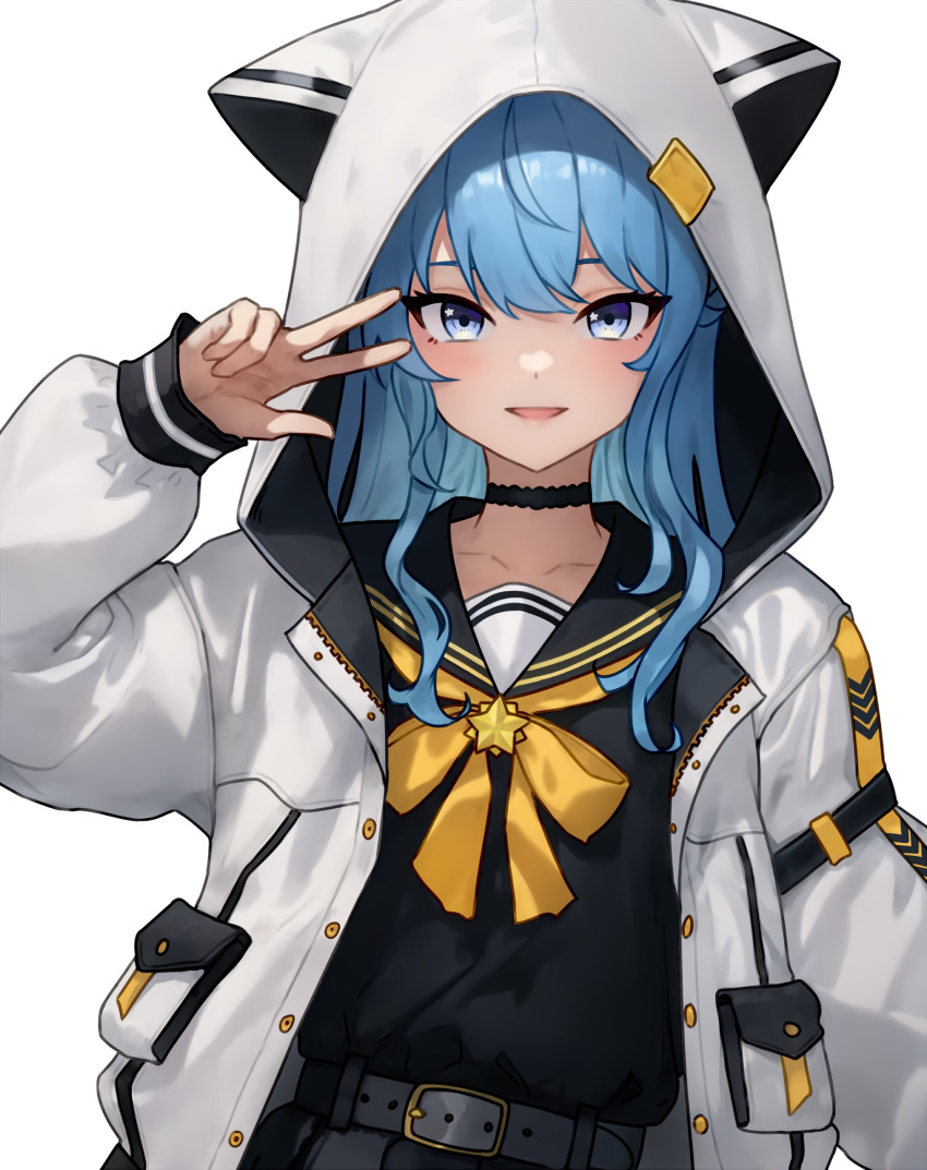 1girl animal_hood arm_at_side belt black_choker black_sailor_collar black_serafuku black_shirt black_skirt blue_eyes blue_hair bluefield bow bowtie cat_hood choker grey_belt hand_up highres hololive hood hood_up hooded_jacket hoshimachi_suisei hoshimachi_suisei_(school_uniform) jacket light_blush long_hair long_sleeves looking_at_viewer official_alternate_costume open_clothes open_jacket parted_lips puffy_long_sleeves puffy_sleeves sailor_collar school_uniform serafuku shirt simple_background skirt smile solo star_(symbol) star_in_eye symbol_in_eye upper_body virtual_youtuber w white_background white_jacket yellow_bow yellow_bowtie