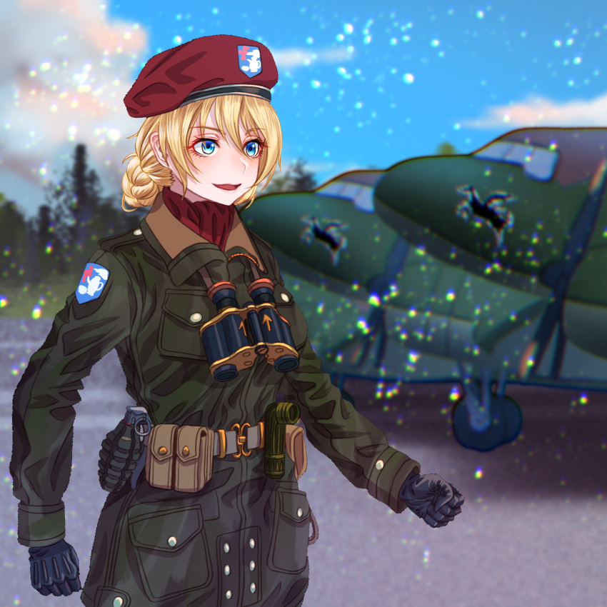 1girl alternate_costume belt beret binoculars black_gloves blue_sky blurry blurry_background braid cloud cloudy_sky coat commentary darjeeling_(girls_und_panzer) day depth_of_field emblem explosive flashlight girls_und_panzer gloves green_coat grenade hat highres looking_to_the_side military_hat open_mouth outdoors red_headwear red_scarf scarf short_hair sky smile solo st._gloriana's_(emblem) standing tigern_(tigern28502735) utility_belt world_war_ii