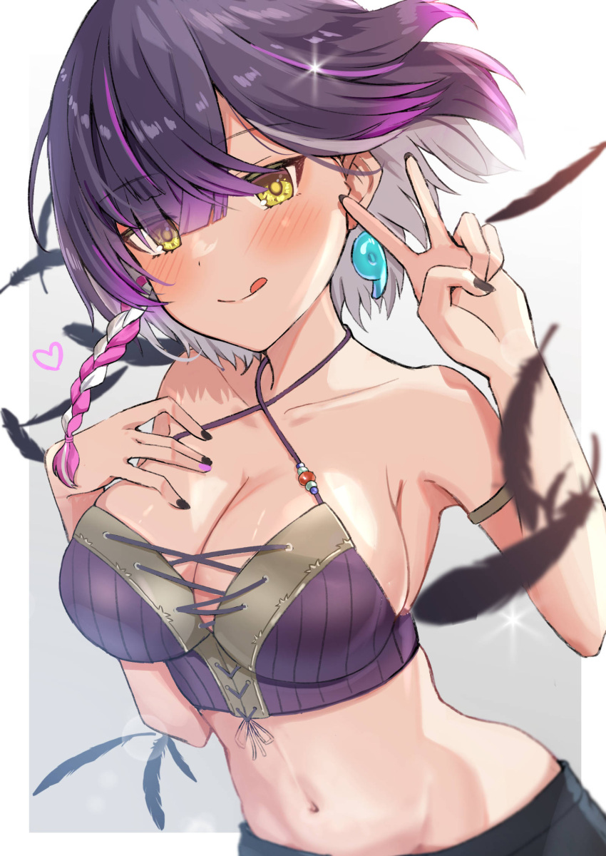 1girl :q armlet bare_shoulders black_feathers black_nails black_shorts blush braid breasts bustier colored_inner_hair commentary_request criss-cross_halter crop_top earrings feathers front-tie_top grey_hair hair_over_one_eye halterneck hand_on_own_chest highres jewelry large_breasts looking_at_viewer magatama magatama_earrings midriff multicolored_hair navel okutomi_fumi pink_hair pink_nails purple_hair purple_shirt shirt shorts simple_background solo stomach streaked_hair sweat tongue tongue_out tsukiyoi_avi v varium virtual_youtuber white_background white_hair yellow_eyes