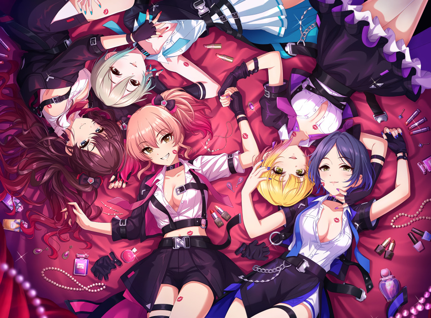2girls 3girls bed_sheet blush bottle breasts brooch cleavage cosmetics feet_out_of_frame fingerless_gloves fingernails gloves gradient_hair hair_spread_out hayami_kanade highres holding_hands ichinose_shiki idolmaster idolmaster_cinderella_girls idolmaster_cinderella_girls_starlight_stage jewelry jougasaki_mika large_breasts lipps_(idolmaster) lipstick lipstick_mark looking_at_viewer lying makeup miyamoto_frederica multicolored_hair multiple_girls nail_polish official_art on_back on_side open_collar perfume_bottle shiomi_syuko shirt single_glove sleeveless sleeveless_shirt smile thigh_strap third-party_edit white_shirt