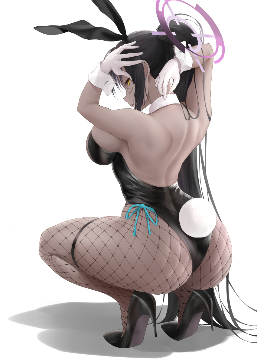 1girl absurdres animal_ears ass bangs bare_arms bare_shoulders black_footwear black_hair black_leotard blue_archive breasts detached_collar fake_animal_ears fake_tail fishnet_pantyhose fishnets from_behind full_body glance halo hands_up high_heels highres karin_(blue_archive) karin_(bunny)_(blue_archive) large_breasts leotard long_hair pantyhose parted_lips playboy_bunny ponytail rabbit_ears rabbit_tail shigatsu_(4gate) sidelocks simple_background solo squatting tail thigh_strap thighs white_background wrist_cuffs yellow_eyes