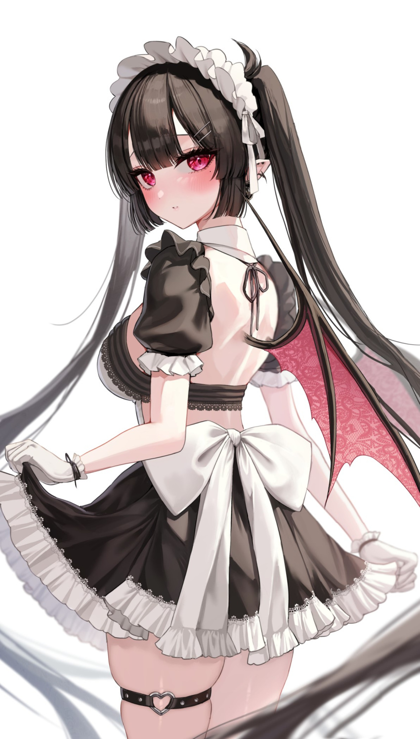 1girl black_hair blush breasts commentary_request ear_piercing from_behind gloves highres kudou_(sikisiki0000) large_breasts long_hair looking_at_viewer looking_back maid original piercing pointy_ears purple_eyes short_sleeves simple_background skindentation solo thigh_strap thighs twintails vampire white_background white_gloves white_headwear wings